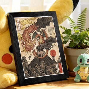 Vintage Ukiyo-e Charizard Volcano Art Print | Japanese Woodblock Fire Dragon Canvas | Pagoda Red Sun