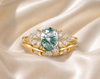 Conjunto de anillos de boda para mujer, piedra central ovalada y detalles de talla marquesa, conjunto de anillos florales para mujer, conjunto de anillos de oro y plata, anillo de novia llamativo