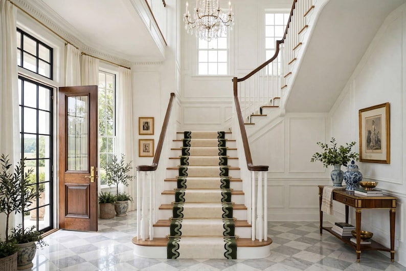 Stair Runner Rug Pattern Forest Green Wool Stair Runner Rug, Cream Wavy Border, Hand Tufted ...