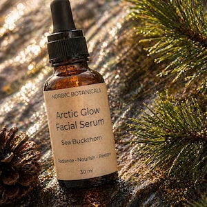 May include: A brown glass bottle of Arctic Glow Facial Serum by Nordic Botanicals. The label reads "Sea Buckthorn" and "Radiance. Nourish. Restore." The bottle has a black dropper and is 30 ml. The background includes a pine branch and a pine cone.