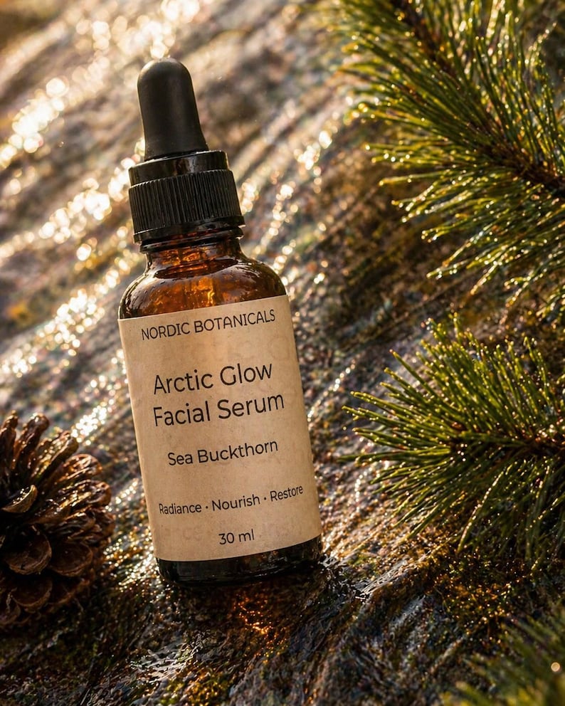 May include: A brown glass bottle of Arctic Glow Facial Serum by Nordic Botanicals. The label reads "Sea Buckthorn" and "Radiance. Nourish. Restore." The bottle has a black dropper and is 30 ml. The background includes a pine branch and a pine cone.