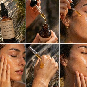 May include: A brown glass bottle of Arctic Glow Facial Serum with a dropper. The label reads "Arctic Glow Facial Serum Sea Buckthorn". The serum is being applied to the skin. The product is part of a skincare routine.