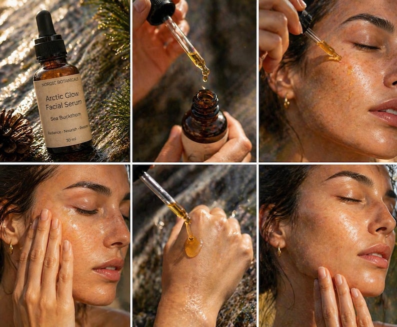 May include: A brown glass bottle of Arctic Glow Facial Serum with a dropper. The label reads "Arctic Glow Facial Serum Sea Buckthorn". The serum is being applied to the skin. The product is part of a skincare routine.