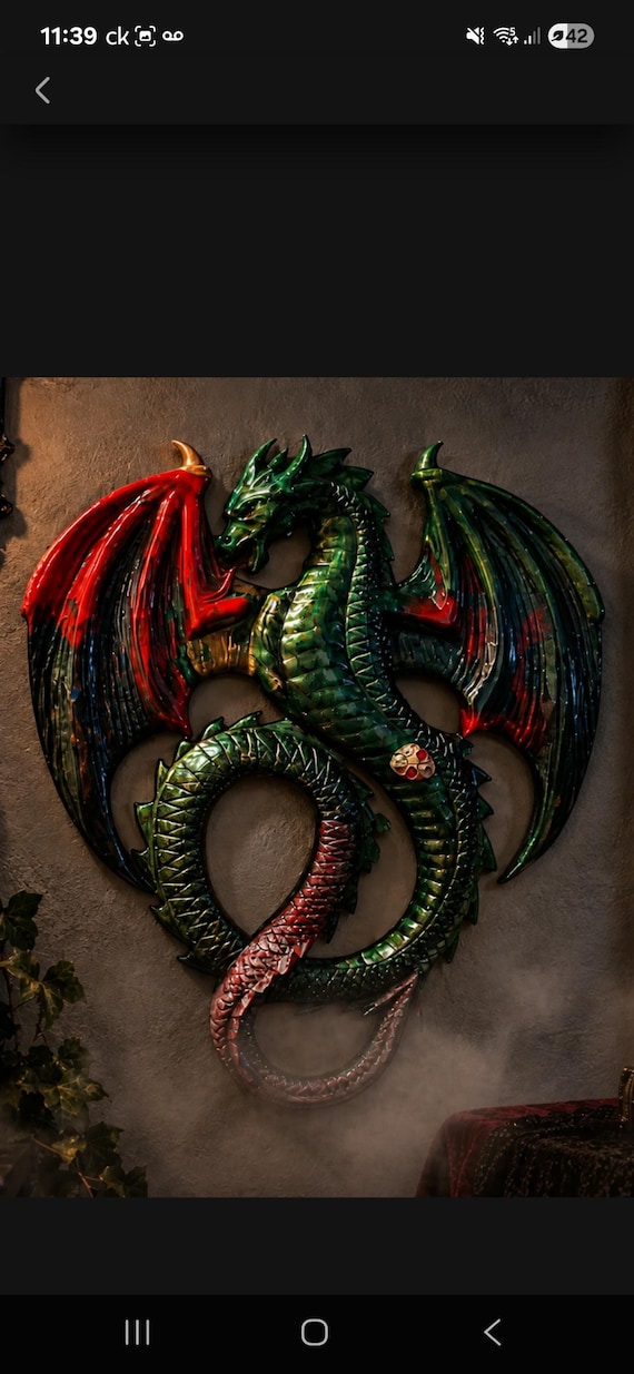 A handcrafted iridescent resin dragon coiled into a 10"x8" wall plaque — the kind of gothic fantasy wall art that genuinely looks like someone poured hours into it.