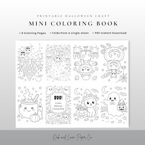 Può includere: Un mini libro da colorare di Halloween stampabile con otto pagine di disegni al tratto in bianco e nero su un unico foglio. I disegni includono una casa stregata, uno spaventapasseri, zucche, un gatto, un fantasma e un calderone con il testo BOO! A Mini Halloween Coloring Book.