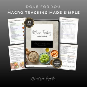 Può includere: Una guida digitale intitolata Macro Tracking Made Simple di 72 pagine, che mostra un tablet centrale con ciotole di cibo, circondato da quattro pagine di documenti stampati inclusi piani alimentari e tabelle di riferimento.
