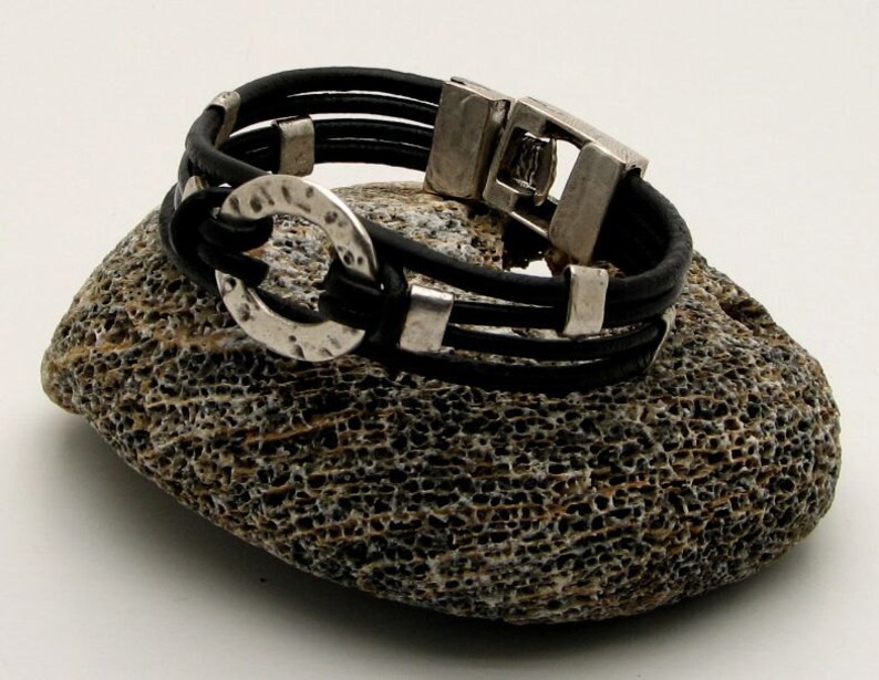 spacers and clasp Black leather bracelet with silver plated textured donut medallion Women leather bracelet