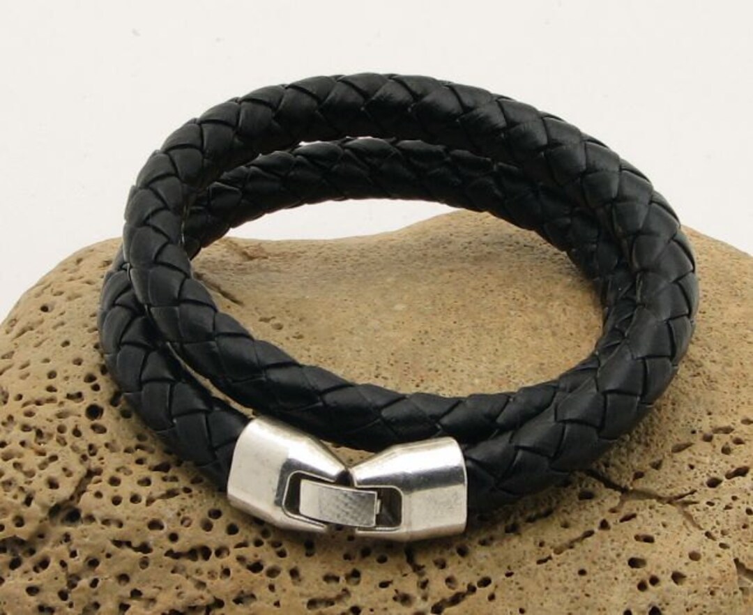 Fathers Day Gift Men's Leather Bracelet . Black Round - Etsy