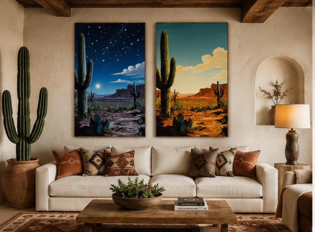 Southwest Desert Day & Night Saguaro Cactus Canvas Wall Decor Set - Etsy