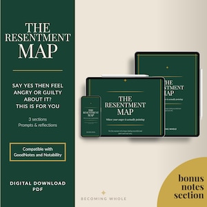 May include: Digital download of "The Resentment Map" displayed on a phone, tablet, and larger tablet. The dark green design includes text and a gold star. The text includes "Say Yes Then Feel Angry or Guilty About It? This Is For You."