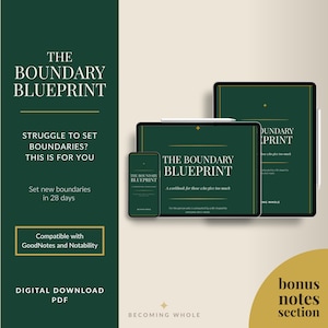 May include: Digital download PDF titled "The Boundary Blueprint" displayed on a phone, tablet, and larger tablet. The cover is dark green with white text. The text includes "Struggle to set boundaries? This is for you."