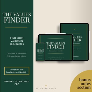 May include: Digital PDF download, "The Values Finder", displayed on a smartphone, tablet, and laptop. The cover is dark green with white text. The text reads "Find your values in 10 minutes" and "60 values in 6 domains".