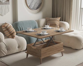 Mesa de centro extensible de nogal para 6-8 personas, con tapa elevable, extensible y plegable, que se convierte en mesa de comedor.