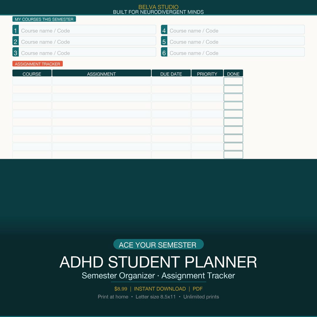 ADHD Student Planner Printable | College Semester Organizer ...
