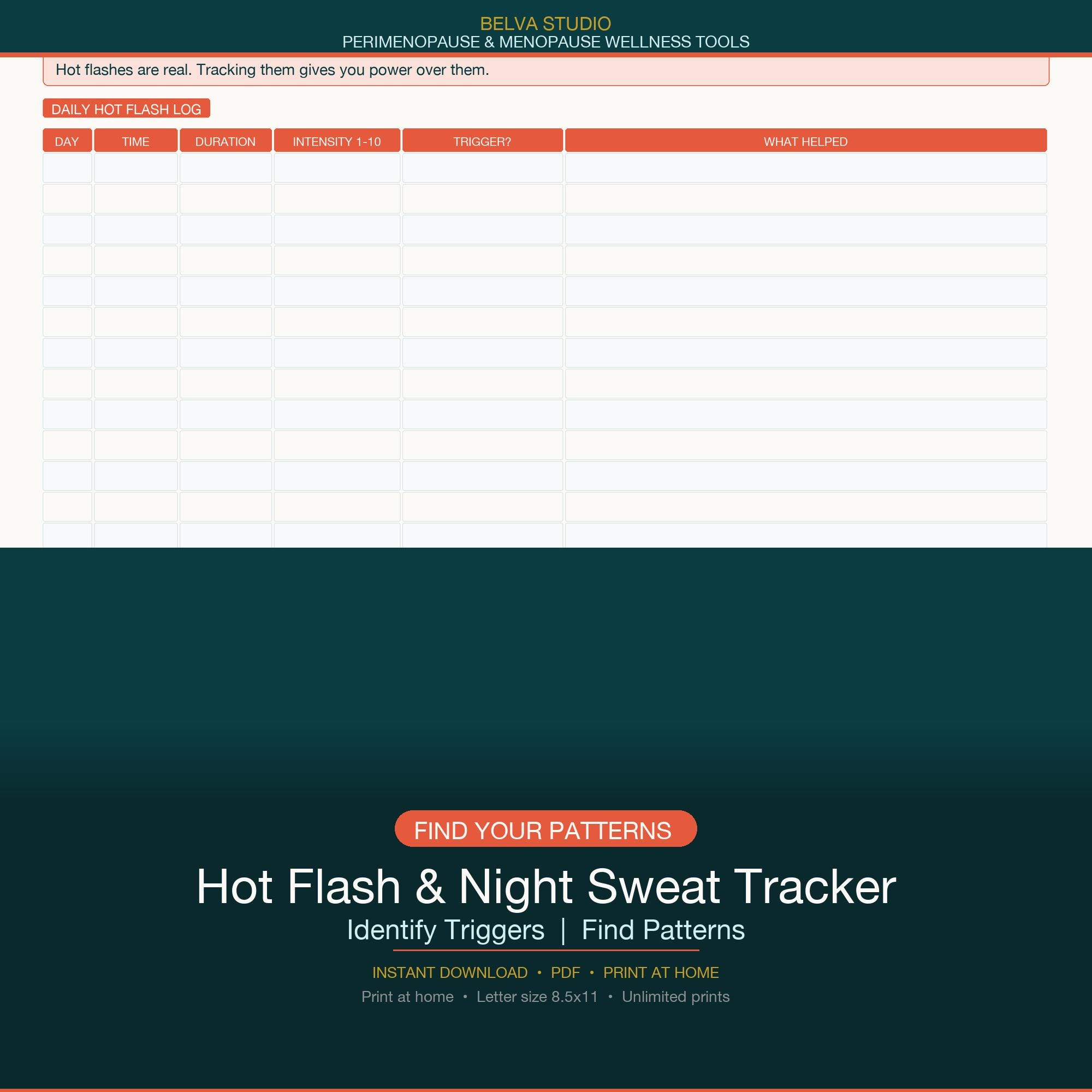Hot Flash & Night Sweat Tracker Printable | Daily Log Identify Triggers ...