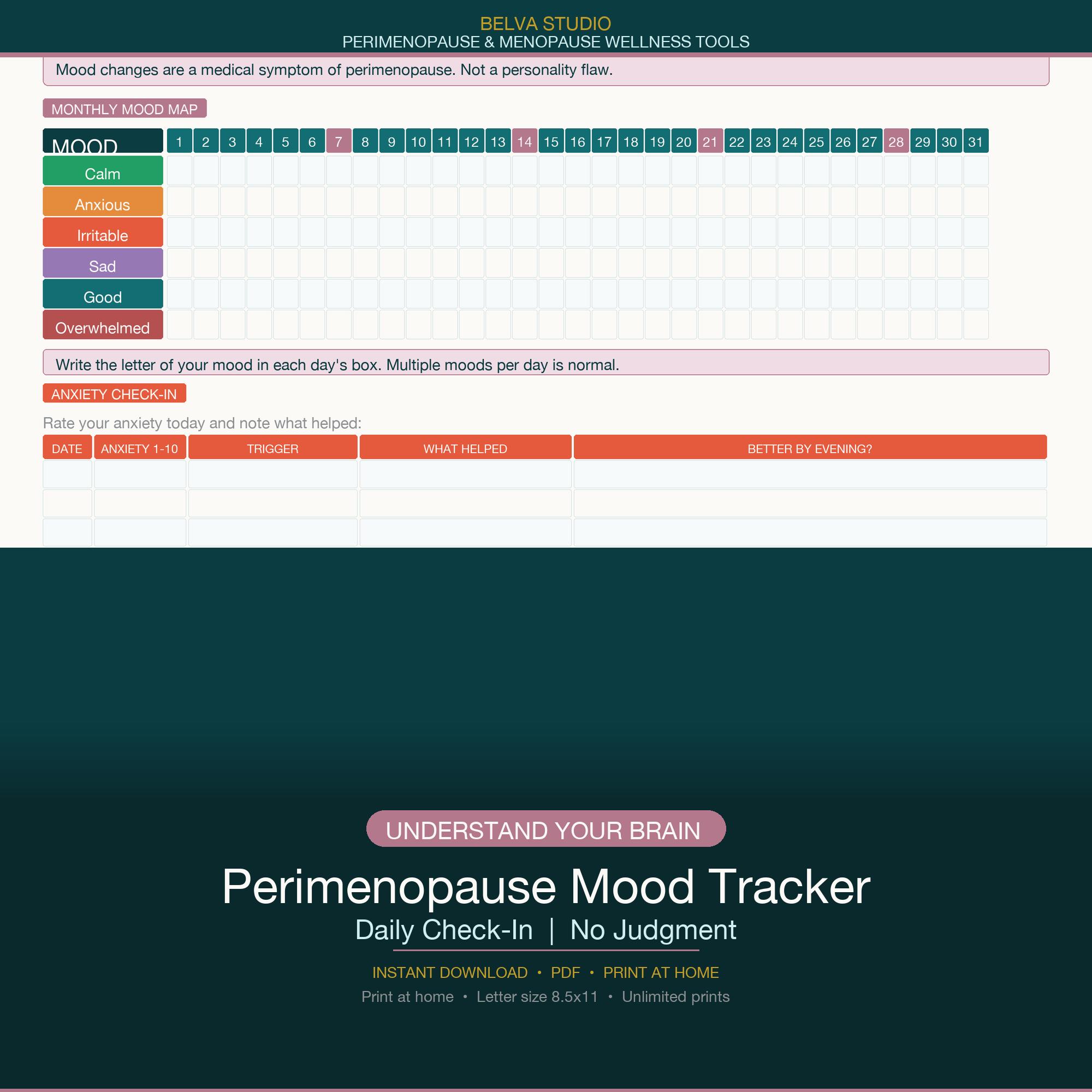 Perimenopause Mood Tracker Printable | Daily Emotional Check-in Anxiety ...