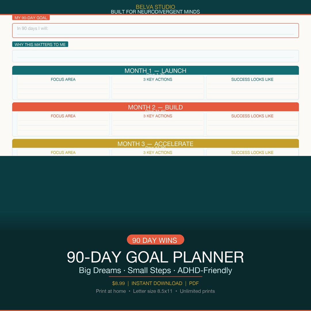 ADHD 90 Day Goal Planner Printable | Focus Planner Weekly Breakdown ...