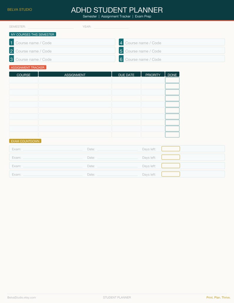ADHD Student Planner Printable | College Semester Organizer ...