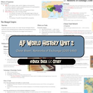 May include: A study guide titled "AP World History Unit 2 Cheat Sheet | Networks of Exchange (1200-1450)" with a blue background. The guide includes text and a map. The bottom of the guide has the text "@DUCK DUCK GO STUDY".
