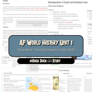 May include: A cheat sheet for AP World History Unit 1, titled "The Global Tapestry (1200-1450)". The text is in a blue rounded rectangle with the words "AP WORLD HISTORY UNIT 1" in large white letters. The bottom of the image has the text "@DUCK DUCK GO STUDY".