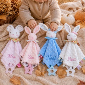 May include: Four plush security blankets with embroidered names Mia, Zoe, Noah, and Ava. Each features a soft, dimpled fabric body, a stuffed animal head with long ears, a colorful patterned collar, and a star-shaped silicone teething ring.