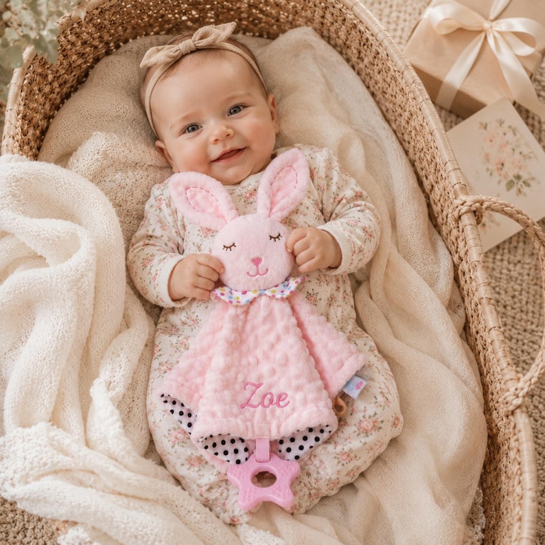 May include: A pink plush bunny security blanket featuring a textured dimpled fabric, a floral collar, and a star-shaped teether at the bottom. The name Zoe is embroidered in pink thread on the front. The blanket has a black and white polka dot lining.