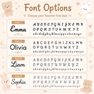 May include: A font selection chart featuring the text Font Options and Choose your favorite font style. It displays four distinct font styles labeled Font 1 through Font 4, each showing the full alphabet in uppercase and lowercase letters.