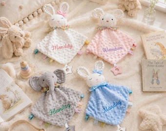 Personalized Baby Lovey Security Blanke, Custom Embroidered Security Blanket, Soft Rabbit Elephant Comfort Toy for Newborn Gift