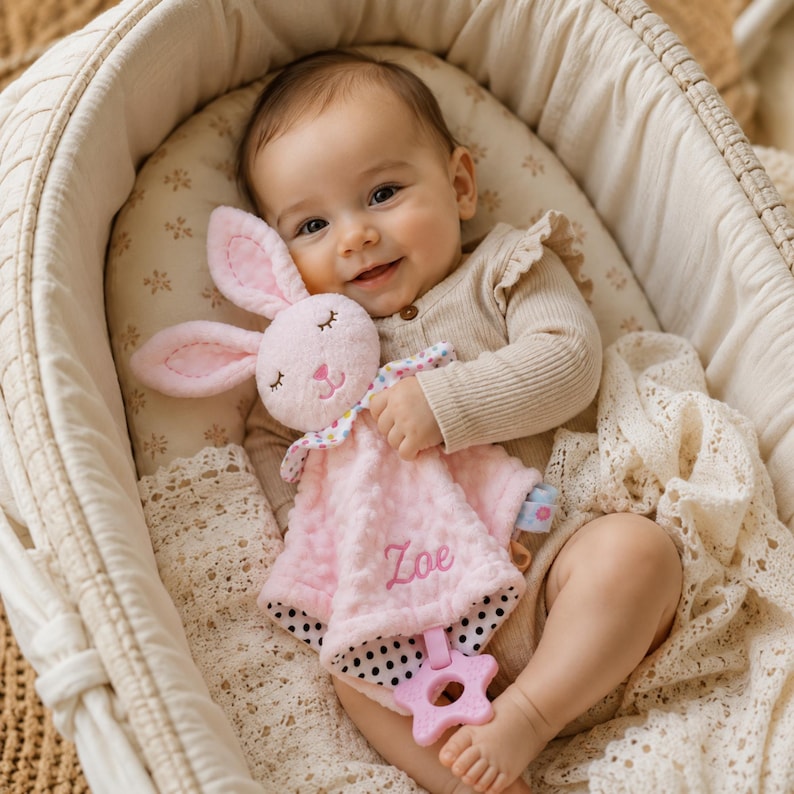 May include: A soft pink baby security blanket featuring a plush rabbit head with embroidered closed eyes and a nose. The blanket has a dimpled texture, a floral collar, a black and white polka dot underside, and a pink star-shaped teether.