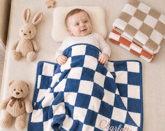 Personalized Checkered Baby Blanket, Custom Embroidered Name Fleece Blanket, Baby Shower Gift for Newborn, Nursery Keepsake