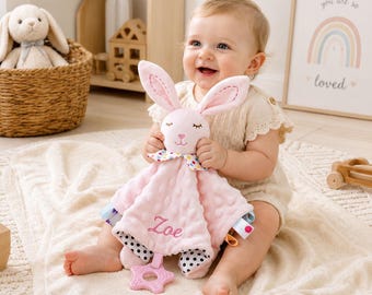Manta de apego personalizada para bebé, nombre bordado a medida, manta de seguridad Minky, conejo, elefante, dinosaurio, regalo para baby shower