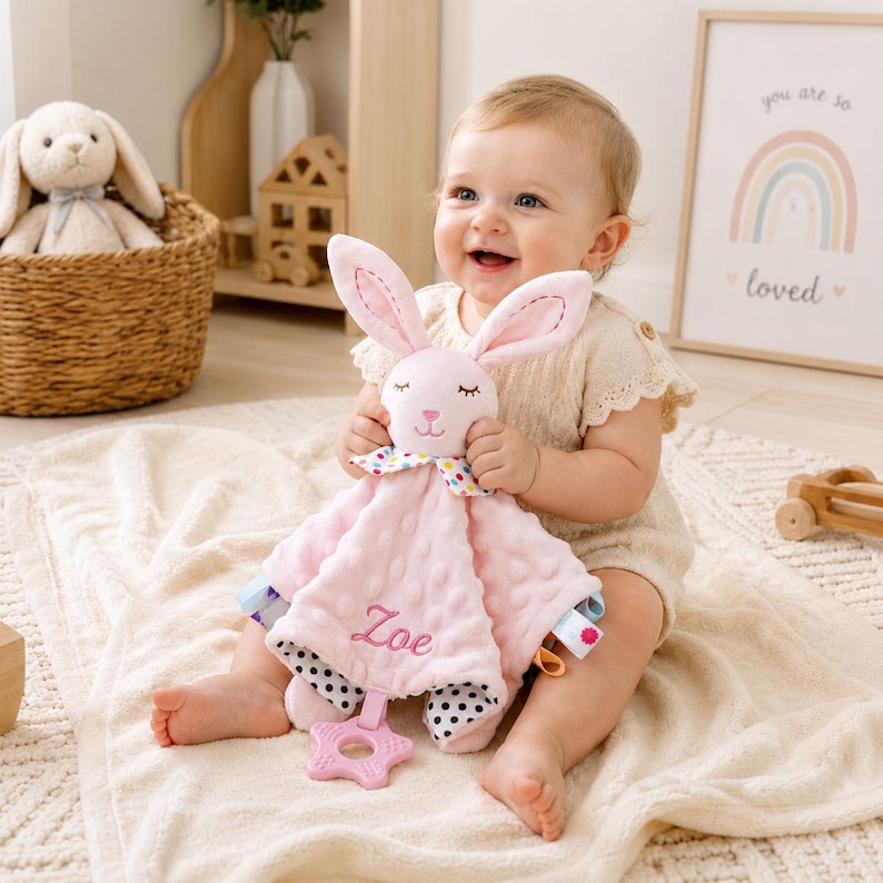 May include: A soft pink plush security blanket featuring a rabbit head with embroidered closed eyes and a nose. The fabric has a dimpled texture, a colorful polka dot neck ruffle, and the name Zoe embroidered in pink. A pink star-shaped teether is attached.