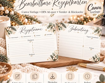 Könnte beinhalten: Zwei rechteckige Rezeptkarten mit weißem Hintergrund und einem winterlichen Rand aus grünen Blättern, Tannennadeln und weißen Beeren. Die Karten enthalten deutsche Überschriften wie Rezeptname, Zutaten und Zubereitung sowie Linien zum Ausfüllen. Das Design umfasst ein Canva-Vorlagen-Logo sowie Symbole für Zubereitungszeit, Portionen und Schwierigkeitsgrad.