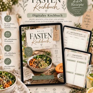 May include: A digital cookbook titled Mein Fasten Kochbuch displayed on a tablet screen, featuring a bowl of salad, 228 recipes, a weekly planner, and a shopping list. The interface includes text in German, icons for GoodNotes, and hyperlinks.