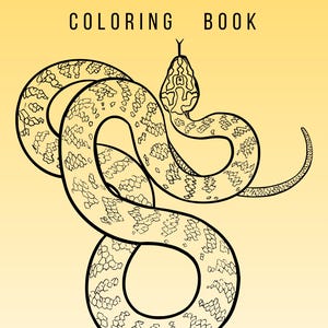 May include: A minimalist snake coloring book cover with a yellow gradient background. The cover features a black and white illustration of a snake coiled in a circular pattern. The text "MINIMALIST SNAKE COLORING BOOK" is printed at the top.