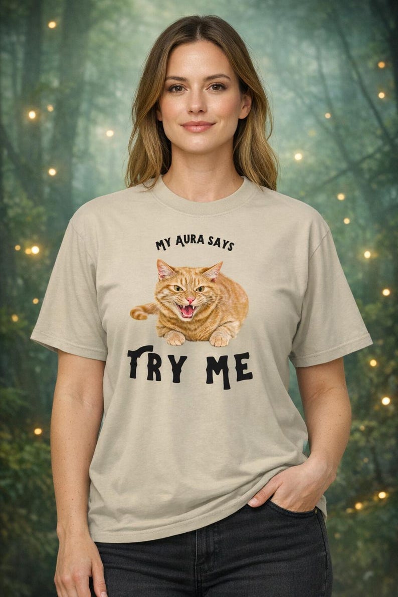 My Aura Says Try Me Cat Graphic Tee • Funny Spiritual Cat Mom Shirt image 2