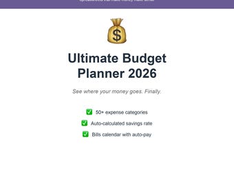 Budget Planner Spreadsheet for Excel & Google Sheets, 2026 Monthly Budget Tracker with Bills Calendar and Savings Dashboard
