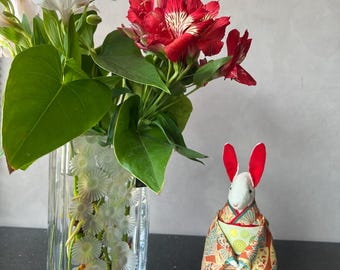 OOAK Rabbit Art Doll, Red Kimono Silk, Vintage Japanese Fabric, Handmade in Japan, Textile Art, Collectible Decor