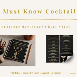 May include: A black and gold "Beginner Bartender Guide to 50 Must-Know Drinks" book with a cocktail glass illustration, a pencil, and a cocktail menu. The image also includes the text "Printable + Phone Friendly + Instant Download".