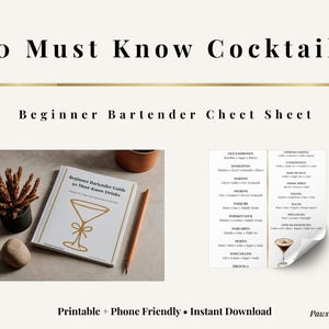 Peut inclure: Un livre blanc intitulé "Beginner Bartender Guide to 50 Must-Know Drinks" avec une illustration de verre à cocktail doré. L'image comprend également un crayon, une petite plante et une feuille de recettes de cocktails. Le texte "50 Must Know Cocktails" est en haut.