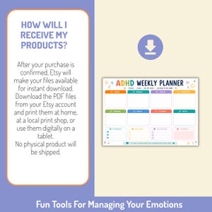 May include: A digital ADHD weekly planner template featuring a colorful grid layout with sections for each day of the week, top priorities, don't forget, self-care plan, and wins of the day, decorated with small icons and the text ADHD WEEKLY PLANNER.