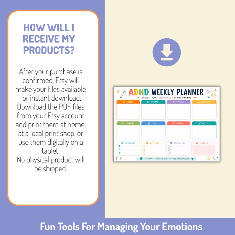 May include: A digital ADHD weekly planner template featuring a colorful grid layout with sections for each day of the week, top priorities, don't forget, self-care plan, and wins of the day, decorated with small icons and the text ADHD WEEKLY PLANNER.