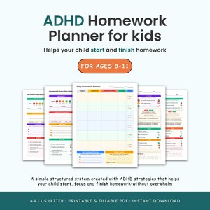 以下が含まれることがあります： 8～11歳のお子様向けのADHD宿題プランナー。画像には、毎日の宿題プランナーと宿題実行シートが表示されています。テキストには「お子様の宿題の開始と終了をサポートします」と書かれています。