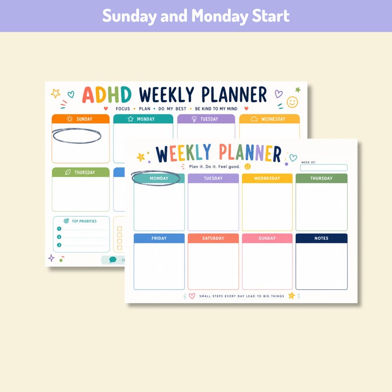 May include: Two weekly planner sheets with colorful headers and sections for each day. The top sheet reads ADHD WEEKLY PLANNER with sections for Sunday through Wednesday. The bottom sheet reads WEEKLY PLANNER with sections for Monday through Sunday.