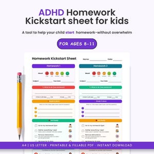 May include: A printable ADHD homework kickstart sheet for kids, designed to help children aged 8-11 start homework without feeling overwhelmed. The sheet includes sections for mood, subject, and a breakdown of tasks. A yellow pencil is on the left.