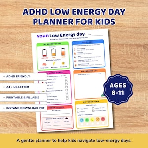Könnte beinhalten: Ein druckbarer ADHD Low Energy Day Planer für Kinder im Alter von 8 bis 11 Jahren. Das Dokument enthält Abschnitte für Energielevel, Selbstfürsorge, kleine Ziele, eine Parkplatz-Liste für Aufgaben, den Tagesfokus und Erfolge.
