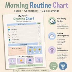 May include: A Morning Routine Chart printable featuring a checklist for daily tasks like wake up, get dressed, and brush teeth. It includes sections for morning goals, daily progress with emoji ratings, and strategies for when feeling stuck.