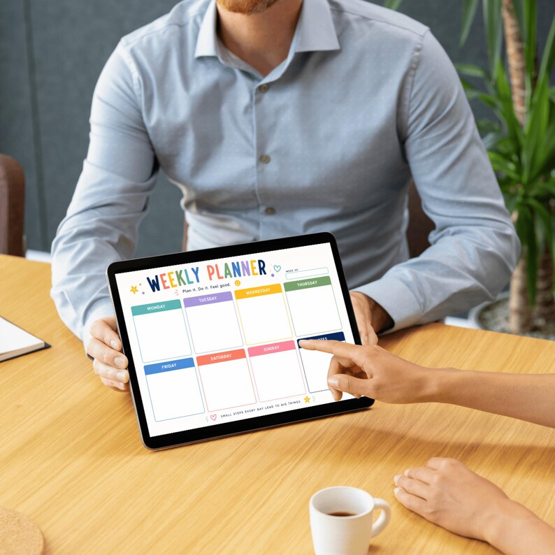 May include: A digital tablet displaying a weekly planner template with the text WEEKLY PLANNER, Plan it. Do it. feel good., and SMALL STEPS EVERY DAY LEAD TO BIG THINGS. The layout features colorful rectangular boxes for each day of the week.