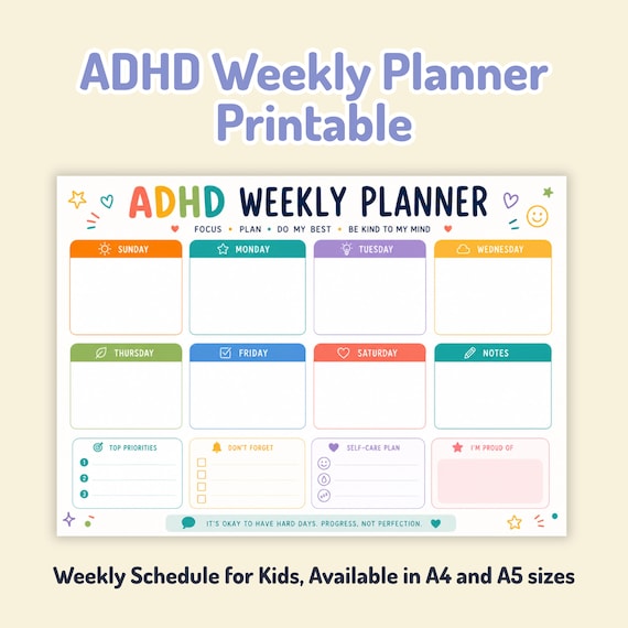 ADHD Weekly Planner Printable for Kids, Homeschool Schedule (Digital Download)