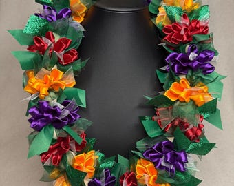 Op maat gemaakte handgemaakte satijnen lint bloemen lei voor viering: veelkleurige bloemen lei, bruiloft, jubileum, aloha aandenken